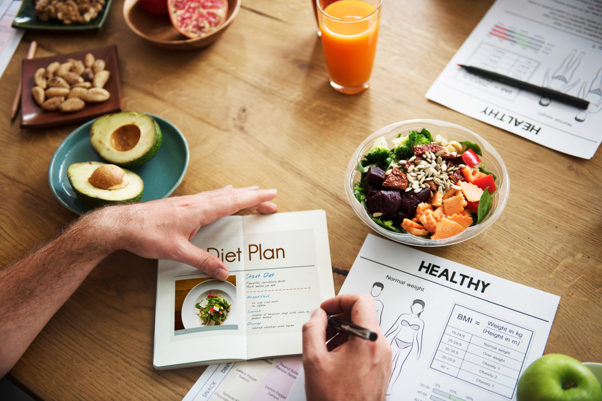 Diet for Mounjaro featuring a balanced meal plan, fresh vegetables, avocado, nuts and healthy food choices.