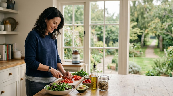 Hypothyroidism and losing weight tips, showing a woman preparing a healthy meal with fresh vegetables and nutritious ingredients.