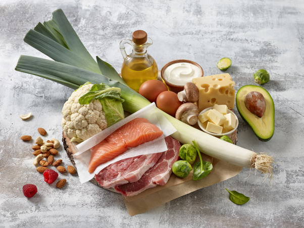 Low carb low fat diet plan for weight loss featuring salmon, lean meat, vegetables, avocado, nuts and dairy foods.